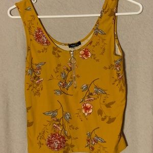 Yellow Floral Tank Top with Half Zipper